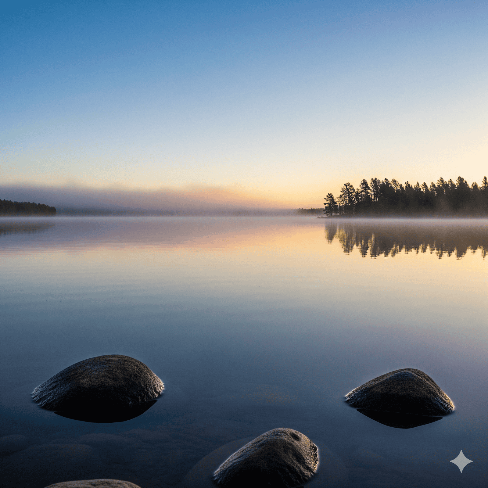 A calm lake with the sun setting